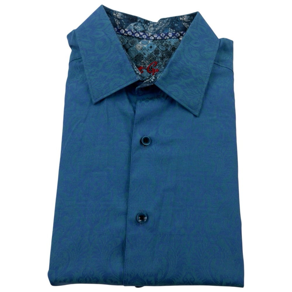 Robert Graham Blue & Green Abstract Paisley Cotton Short Sleeve Button Up Medium